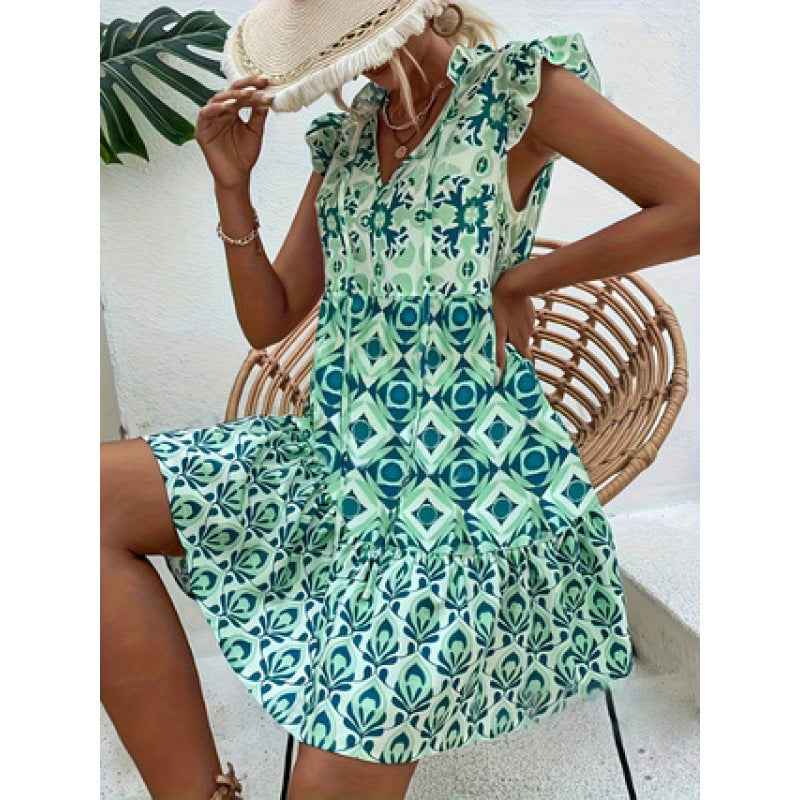 V-Neck Strap Flower Dress Cap Sleeve Printed Vacation Dress