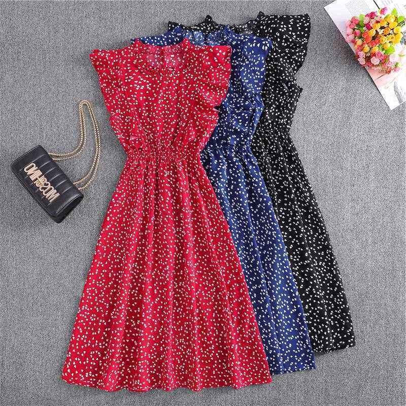 Polka Dot Chiffon Skirt Loose Versatile Temperament Medium Skirt Dot Print Butterfly Sleeve Ruffles dress