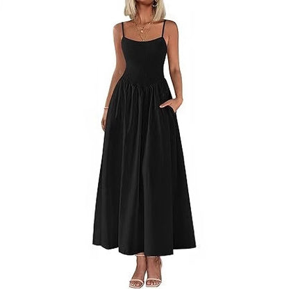 Women's Dress, Thin Shoulder Strap Pleated Vest, Suspender Pocket Dress