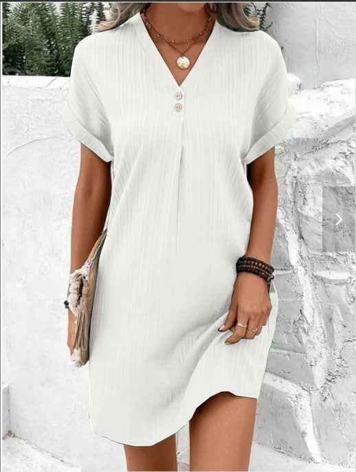 Solid Color Pullover Comfortable Casual Button Dress V-Neck Batwing Sleeve Dress