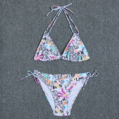 Multi-color printed neck strap halter sexy split bikini swimsuit