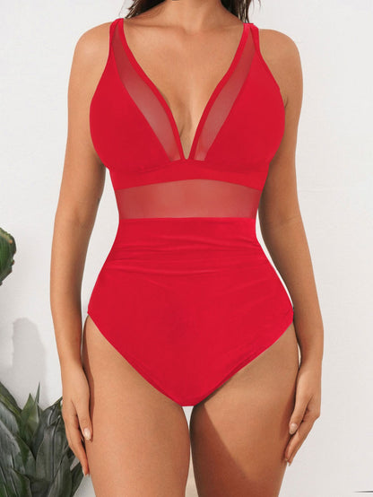 2026 Bikini solid color mesh halter sexy bikini one-piece swimsuit swimsuit