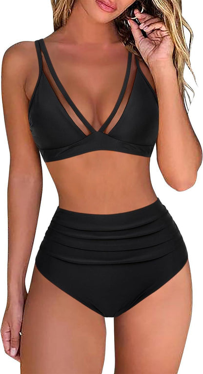 High Waist Bikini Mesh Panel Sexy Backless Ruffled Swimsuit