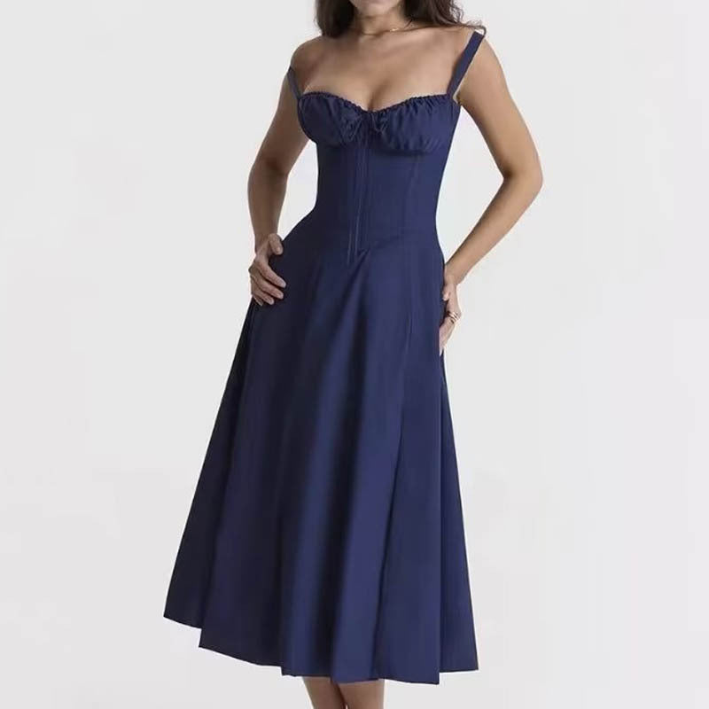 Square Neck Bustier Midi Dress - Low Cut Sleeveless Swing Sundress with Lace Trim & Spaghetti Straps -dropshippingabc.com