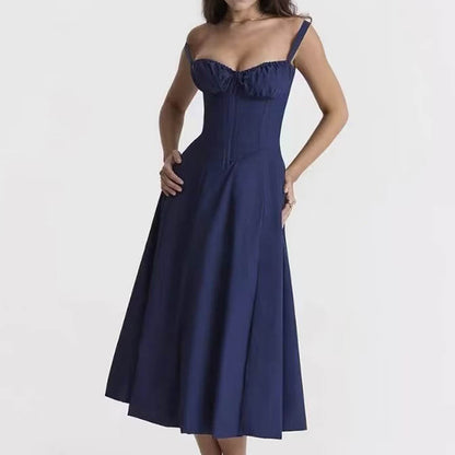 Square Neck Bustier Midi Dress - Low Cut Sleeveless Swing Sundress with Lace Trim & Spaghetti Straps -dropshippingabc.com