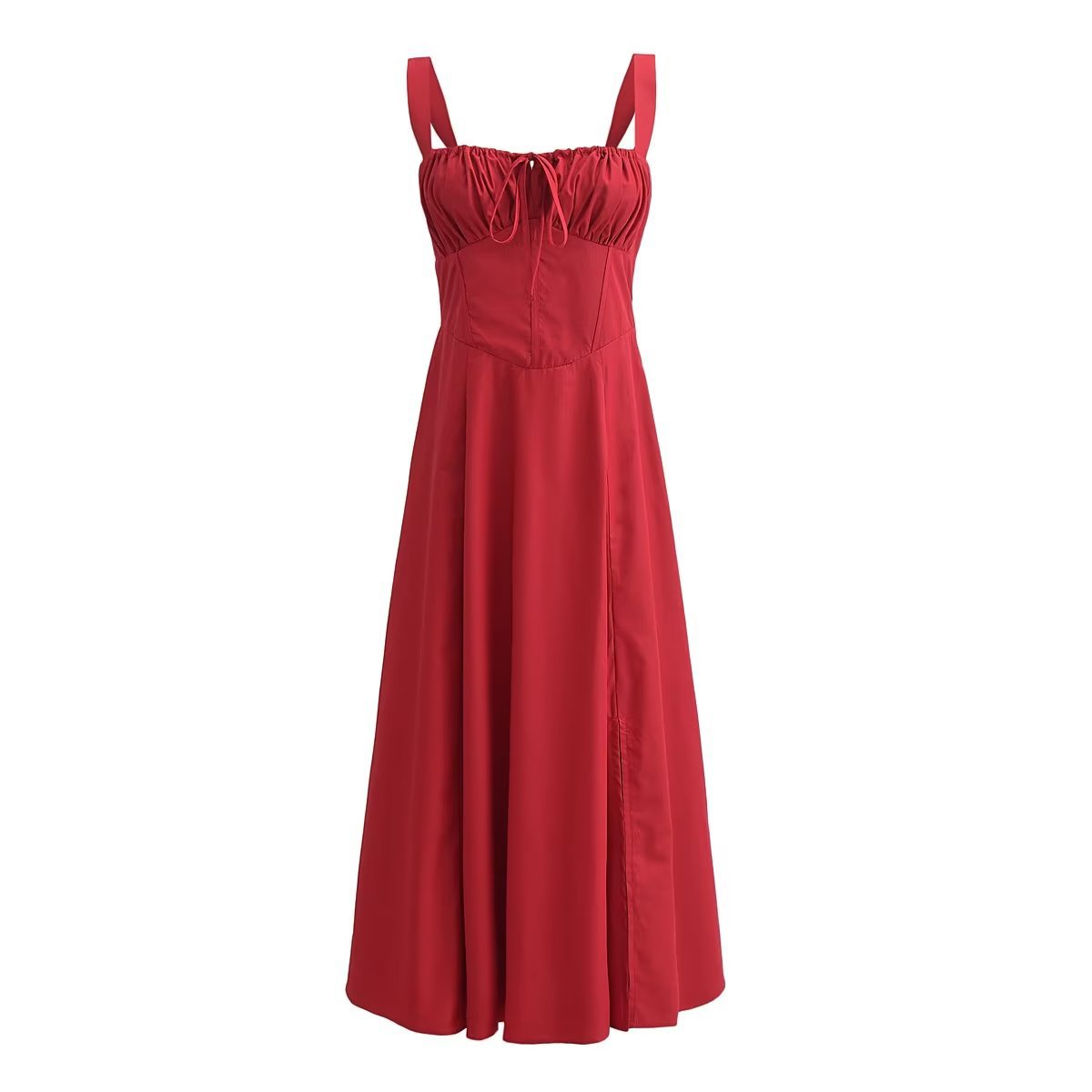 Square Neck Bustier Midi Dress - Low Cut Sleeveless Swing Sundress with Lace Trim & Spaghetti Straps -dropshippingabc.com