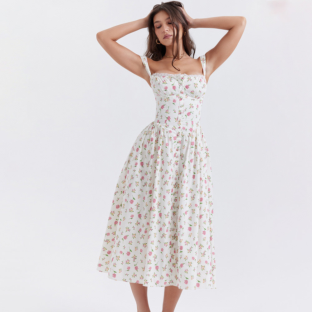 Floral Printed French Lace-Up Halter Dress - Sleeveless Spaghetti Strap Holiday Party Dress with Suspender Detail -dropshippingabc.com