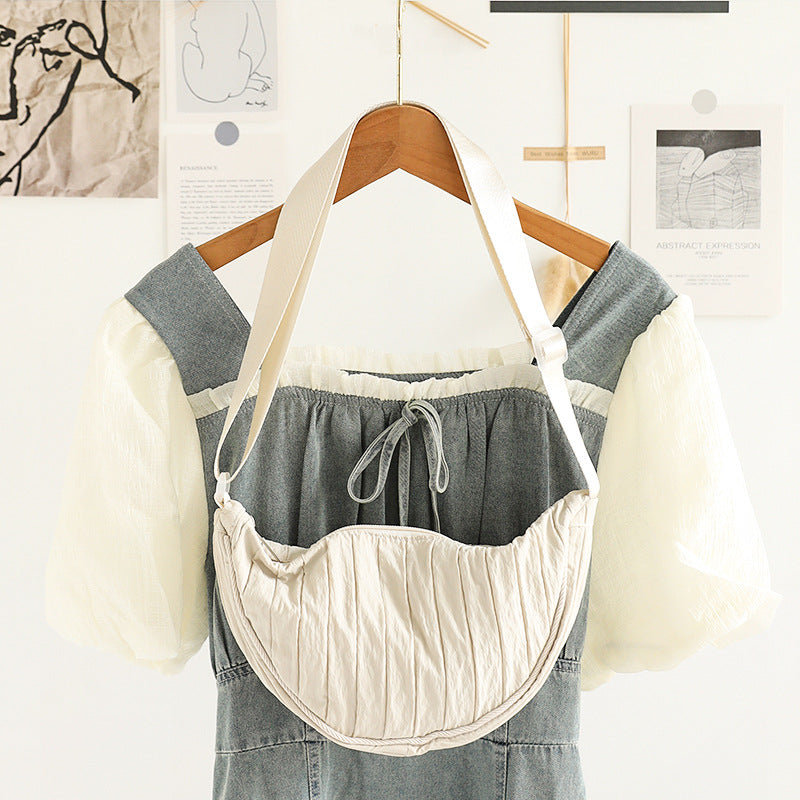 Casual Nylon Cloth Hobo Bag – Simple Pleated Striped Shoulder Bag, Lightweight Shopping Crossbody Small Square Bag