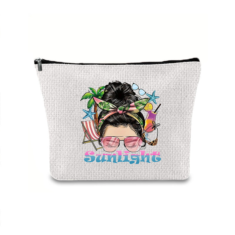 Linen printed cosmetic bag, cosmetic lipstick storage bag, small simple zipper evening clutch bag,