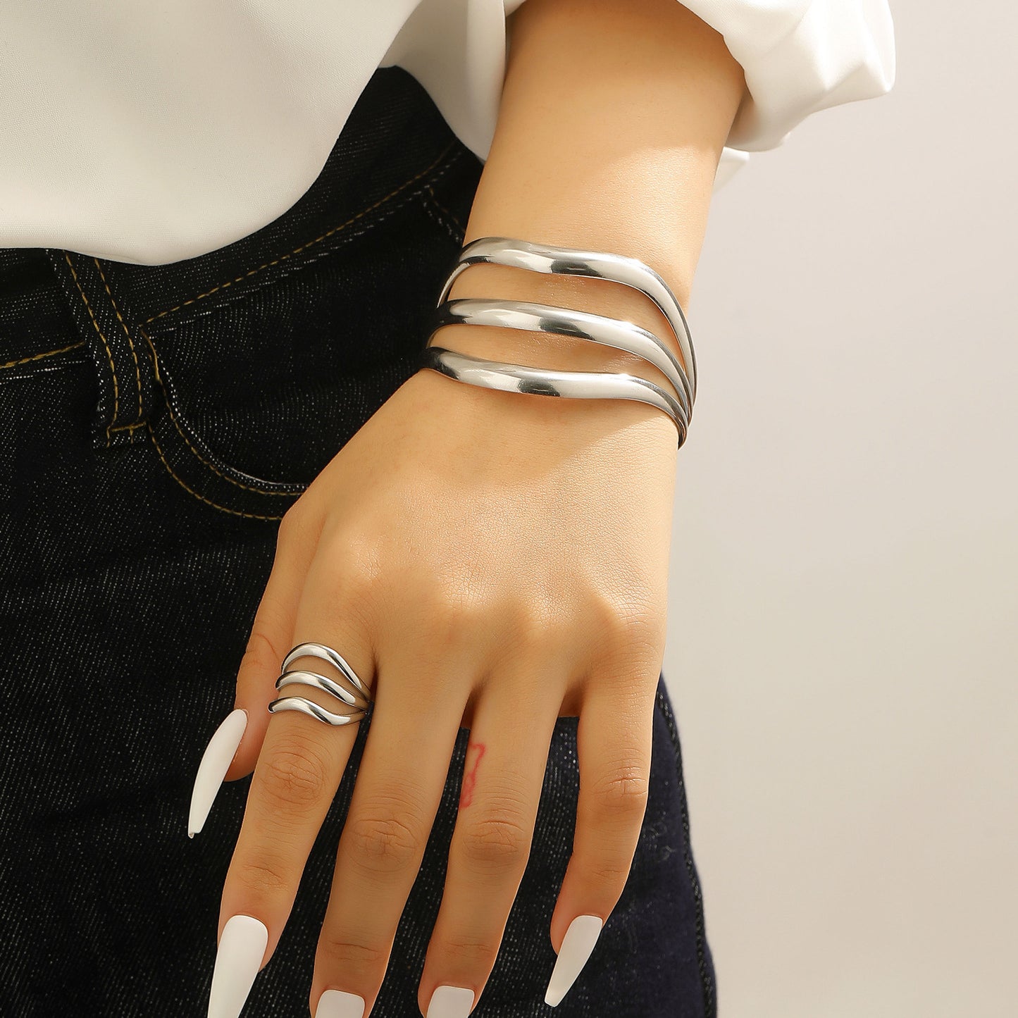 Exaggerated Vintage Stainless Steel Multi-Layer Wavy Ring & Bangle Set Party Banquet