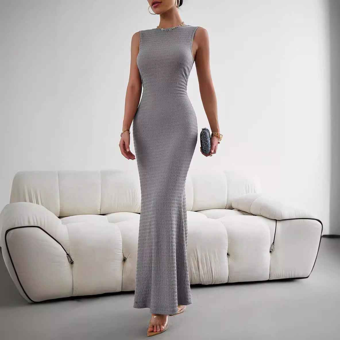 Sleeveless Tights Fashion Elegant Women's Slim Fit Women's Sleeveless Pleated Maxi Dress