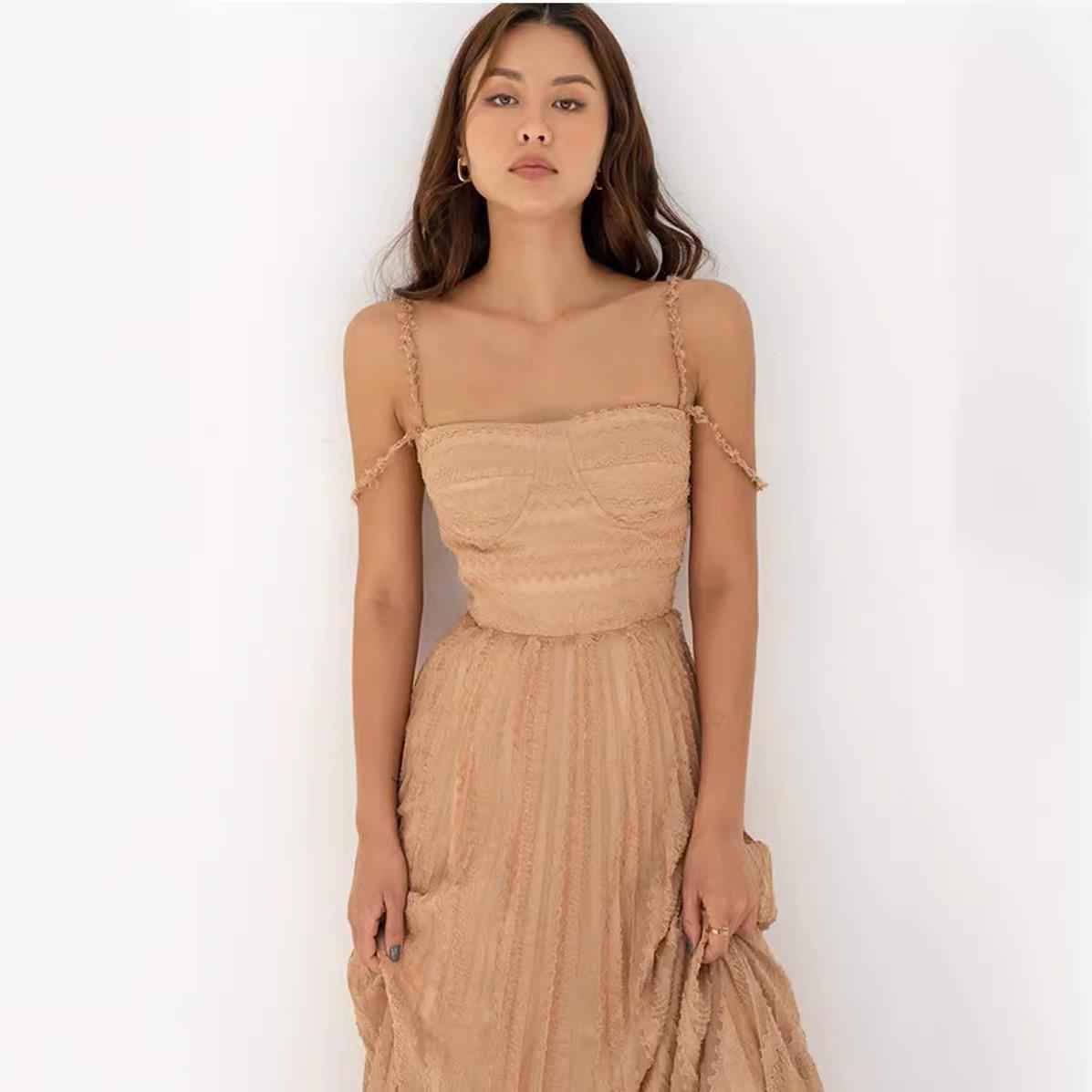 Double Shoulder Strap Simple Versatile Solid Color Dress Elegant Sexy Sleeveless Strap Pleated A Line dress