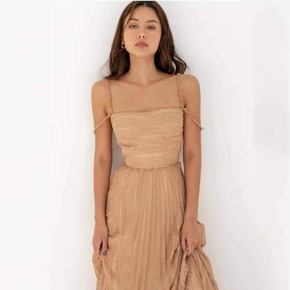 Double Shoulder Strap Simple Versatile Solid Color Dress Elegant Sexy Sleeveless Strap Pleated A Line dress