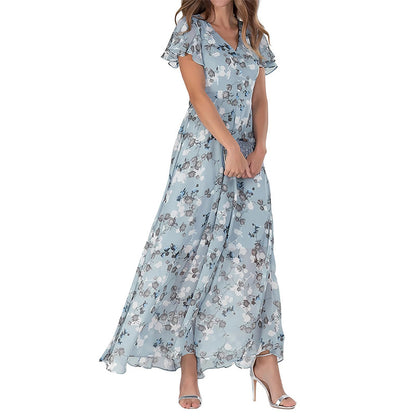 Summer Flared Maxi Dress V-Neck Short Sleeve Printed Chiffon Dress