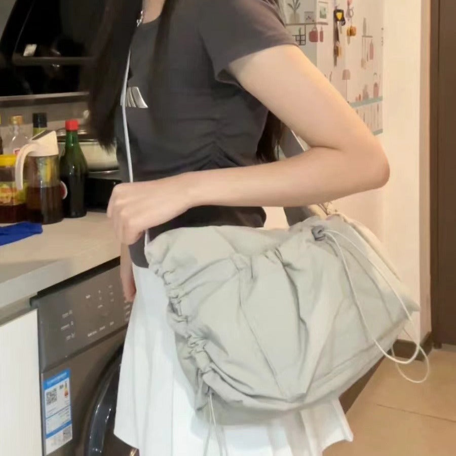 Design nylon lightweight tote bag, women's large capacity drawstring casual crossbody bag, versatile shoulder crossbody bag