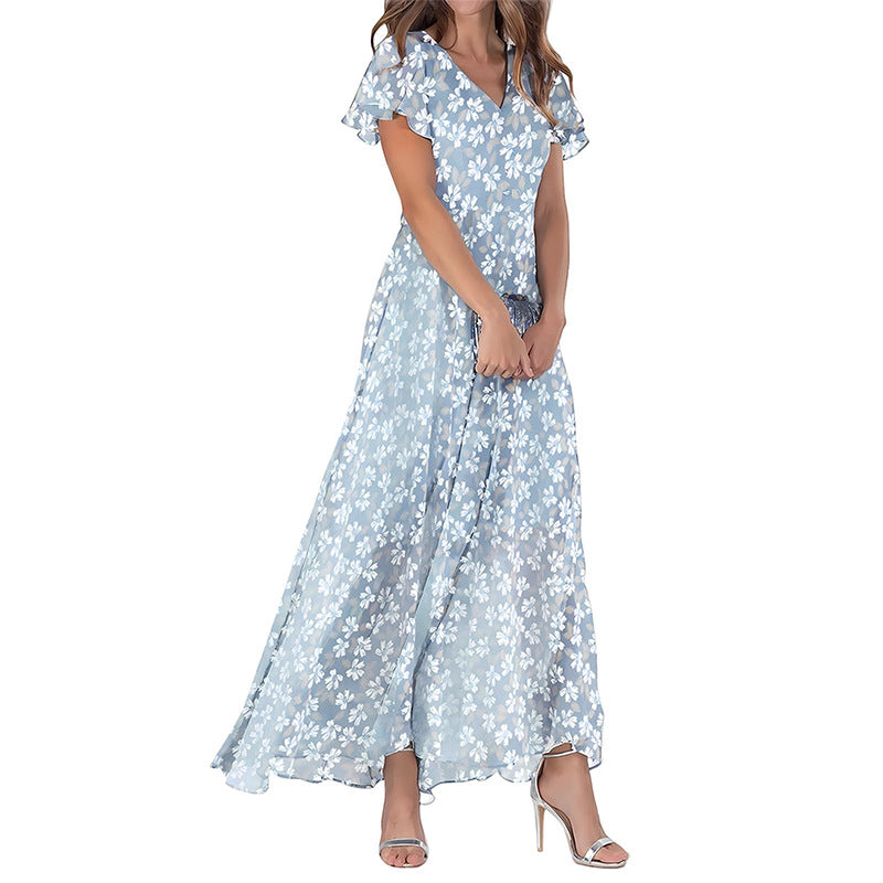 Summer Flared Maxi Dress V-Neck Short Sleeve Printed Chiffon Dress