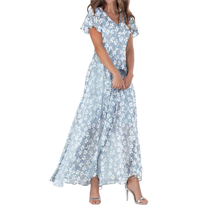 Summer Flared Maxi Dress V-Neck Short Sleeve Printed Chiffon Dress