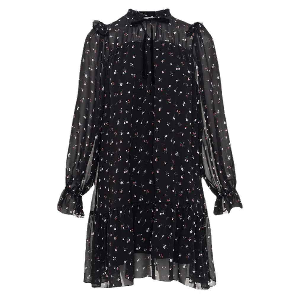 Chiffon floral dress neckline ruffle strap splicing horn skirt Pleated Mini Dress Lace Up Ruffle