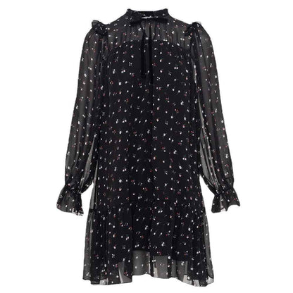 Chiffon floral dress neckline ruffle strap splicing horn skirt Pleated Mini Dress Lace Up Ruffle