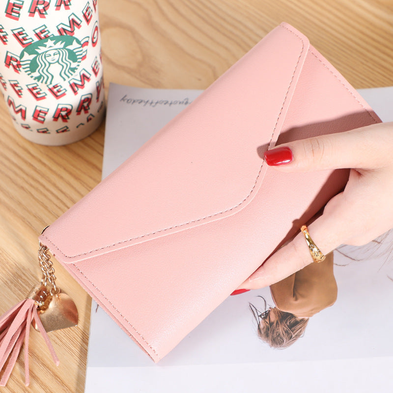 Cartera larga de mujer con flecos, tipo clutch plegable de tres pliegues; cartera sencilla de noche para mujer. 