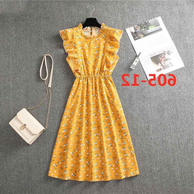 Polka Dot Chiffon Skirt Loose Versatile Temperament Medium Skirt Dot Print Butterfly Sleeve Ruffles dress