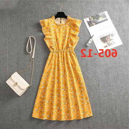 Polka Dot Chiffon Skirt Loose Versatile Temperament Medium Skirt Dot Print Butterfly Sleeve Ruffles dress