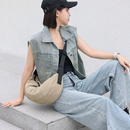 Bolso bandolera informal y versátil de lona, ​​bolso bandolera con correa ancha, bolso tipo dumpling unisex de estilo sencillo, bolso lunar, bolso ligero de tela espacial 