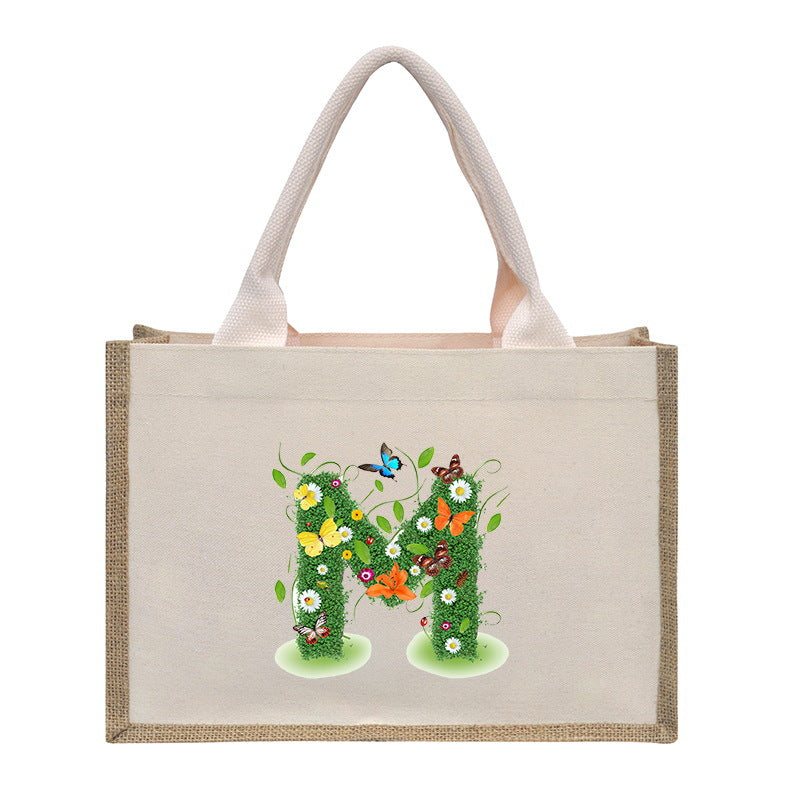 Bolsa de tela de algodón y lino, bolsa de tela con letras estampadas, bolso ligero portátil, bolsa de regalo para compras 