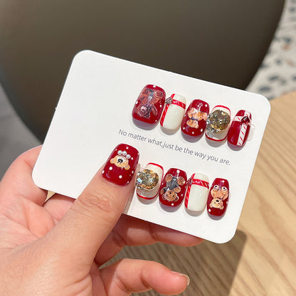 Armadura roja navideña hecha a mano de Año Nuevo, oso de dibujos animados, linda armadura con parche de uñas de otoño e invierno hecho a mano.