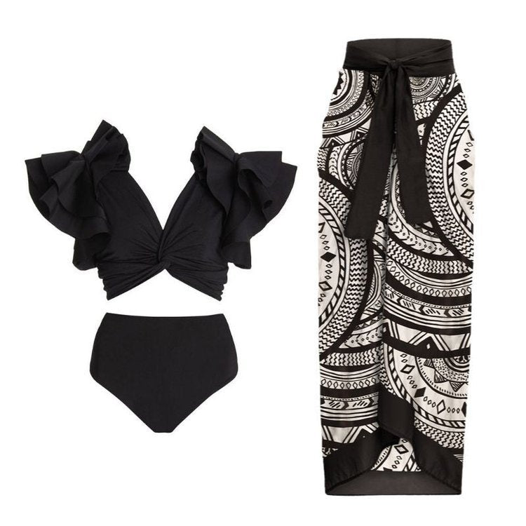 Vintage high waist split three-piece swimsuit women's bikini swimsuit chiffon beach skirt set