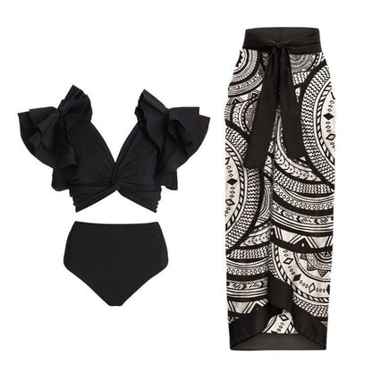 Vintage high waist split three-piece swimsuit women's bikini swimsuit chiffon beach skirt set