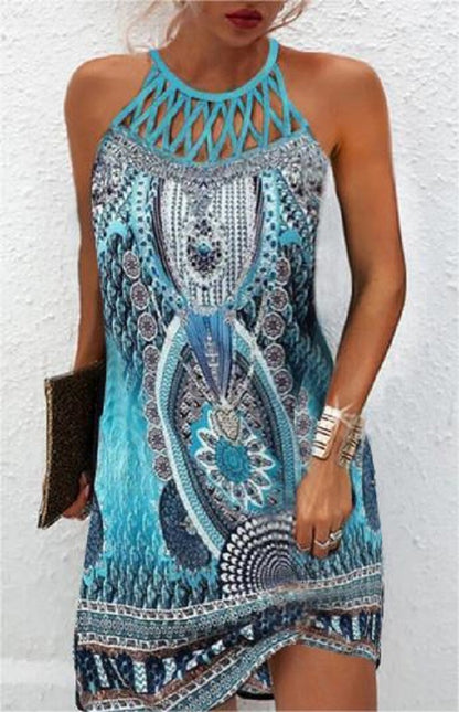 Spring and summer ethnic style positioning printing mesh belt sleeveless dress women's elegant retro