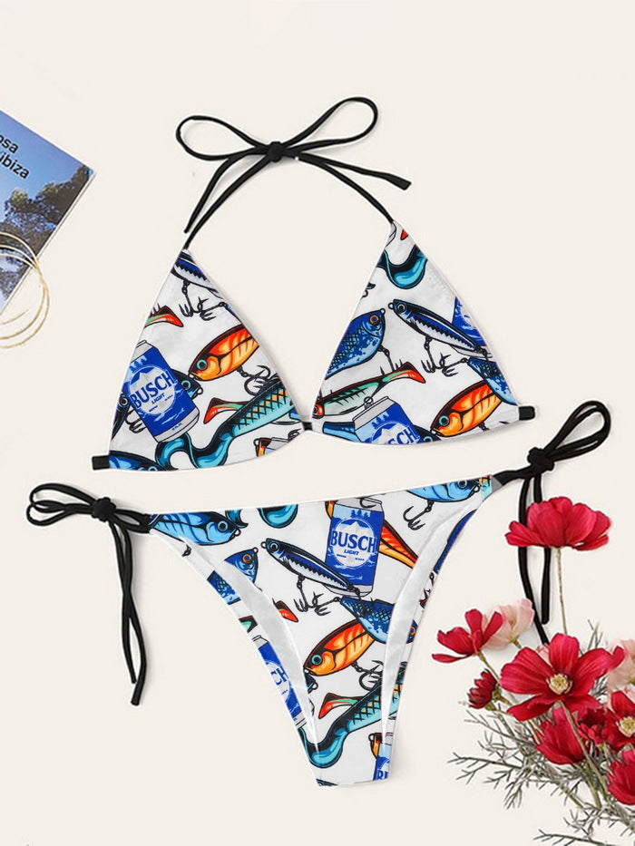 Bikini printed strap swimsuit set backless split swimsuit