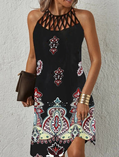 Spring and summer ethnic style positioning printing mesh belt sleeveless dress women's elegant retro