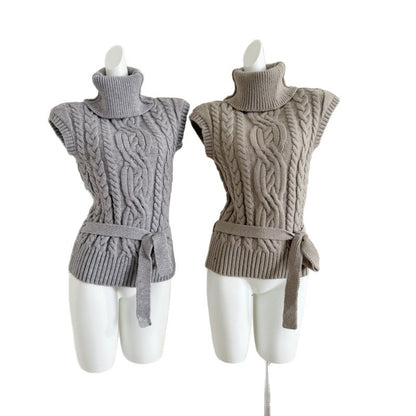 Thick needle knitting three-dimensional twist turtleneck small flying sleeve belt twisted sweater vest
