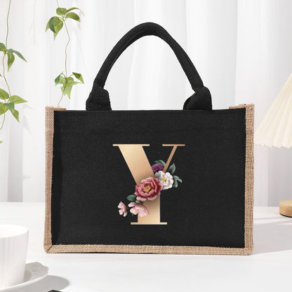 Bolsa de tela de algodón y lino, bolsa de tela con letras estampadas, bolso ligero portátil, bolsa de regalo para compras 