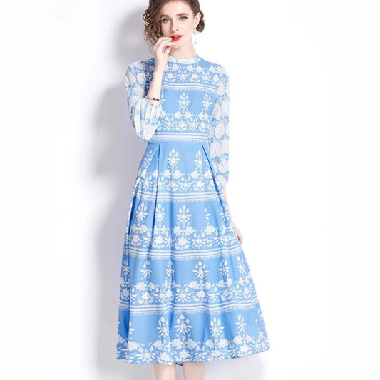 Vintage Blue Willow Print Mandarin Collar Dress - Lantern Sleeve Court Tie-Waist Flared Maxi Gown