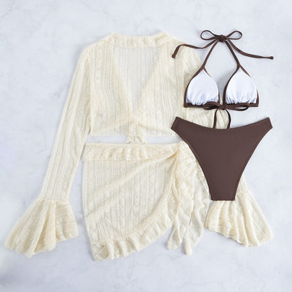 Long Sleeve Cover Up Triangle Apron Four Piece Bikini Lace Swimsuit Women's Swimwear Set