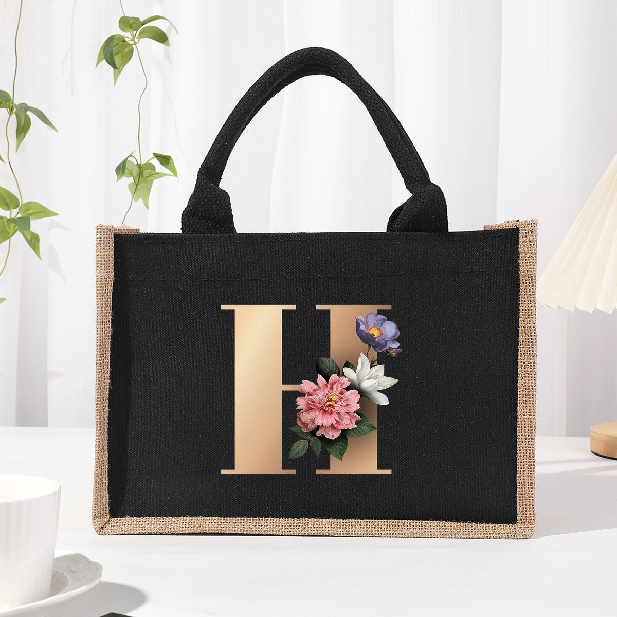 Bolsa de tela de algodón y lino, bolsa de tela con letras estampadas, bolso ligero portátil, bolsa de regalo para compras 