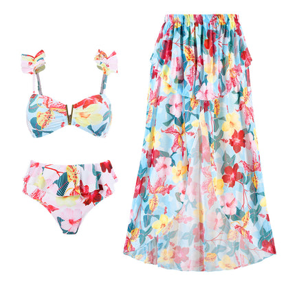 Vintage high waist split three-piece swimsuit women's bikini swimsuit chiffon beach skirt set