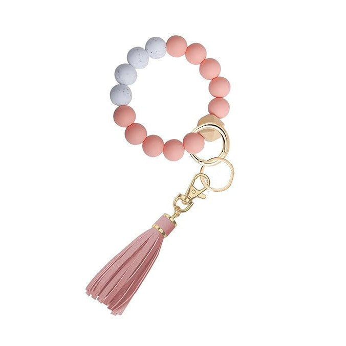 Llavero con borla de PU y cuentas de silicona para bolso, pulsera, llavero de coche, para mujeres y niñas 