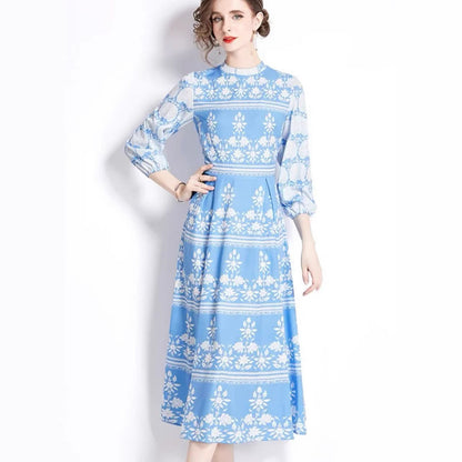 Vintage Blue Willow Print Mandarin Collar Dress - Lantern Sleeve Court Tie-Waist Flared Maxi Gown