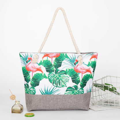 Bolsa de compras de gran capacidad, de cuerda de cáñamo, con estampado de tinta de lino, bolso de playa, bolso de hombro con diseño de grulla de corona roja, bolso de playa para mujer, estilo hobo