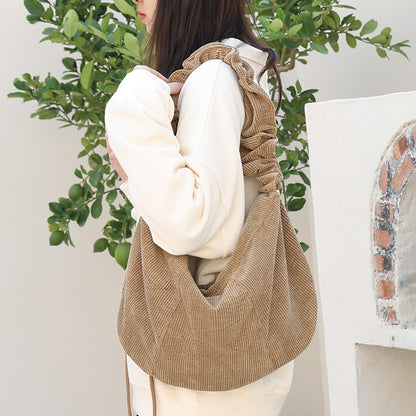 Bolso hobo de lona, ​​bolso de hombro informal plisado, bolso de hombro de pana con cordón ajustable 