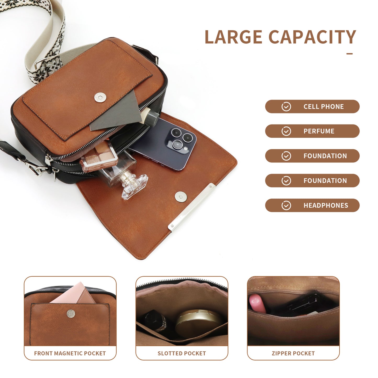 Women's small crossbody bag with flaps, multifunctional small square bag, wide shoulder strap mail carrier women's bag contrasting colors