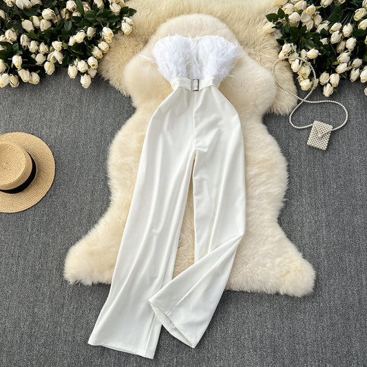 Premium Summer Gown – Socialite Style Feather Trim High-Waist Strapless Jumpsuit, Sexy Bodycon Romper