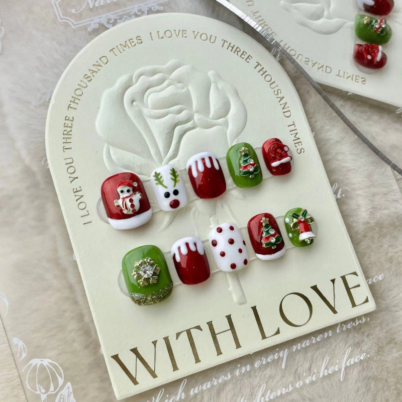 Colección navideña Feliz Navidad Industria pesada Arte de uñas hecho a mano Uñas postizas largas y cortas