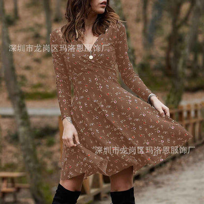 Retro Floral Print V-Neck Long Sleeve Dress