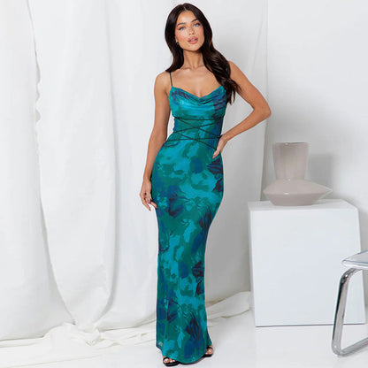 Women's Summer Sexy Backless Tie-Waist Bodycon Printed Spaghetti Strap Dress