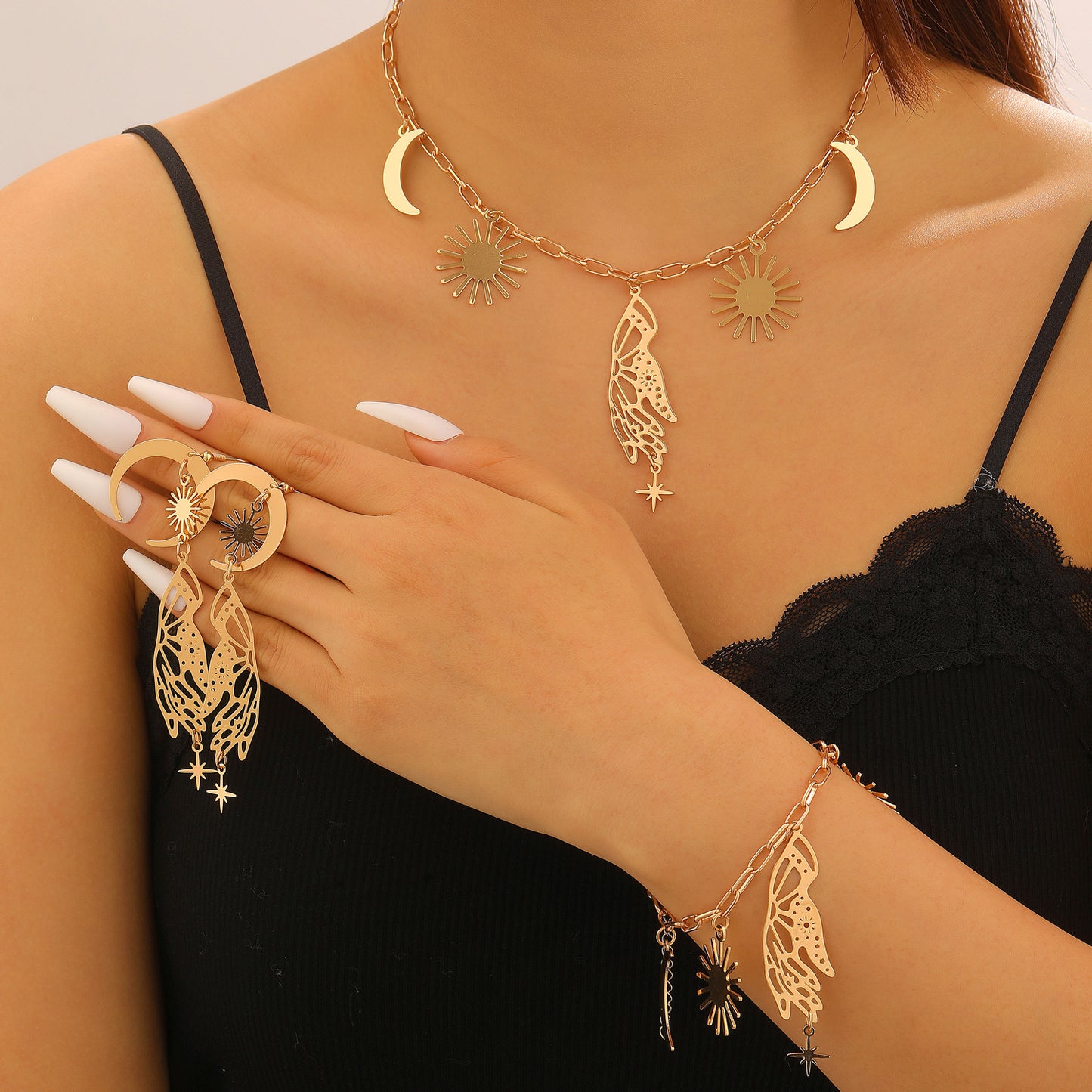 Bohemian Sun Moon Star Wing Tassel Earrings Necklace Bracelet Set